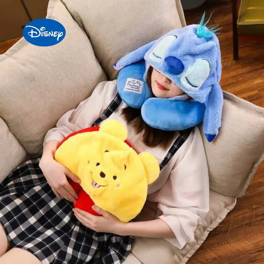 disney Stitch Cartoon Soft Hooded U-pillow Travel Pillow plus hat