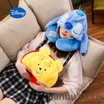 disney Stitch Cartoon Soft Hooded U-pillow Travel Pillow plus hat