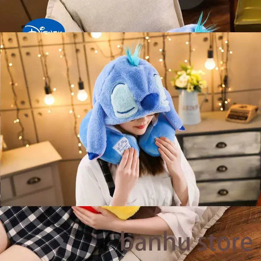 disney Stitch Cartoon Soft Hooded U-pillow Travel Pillow plus hat