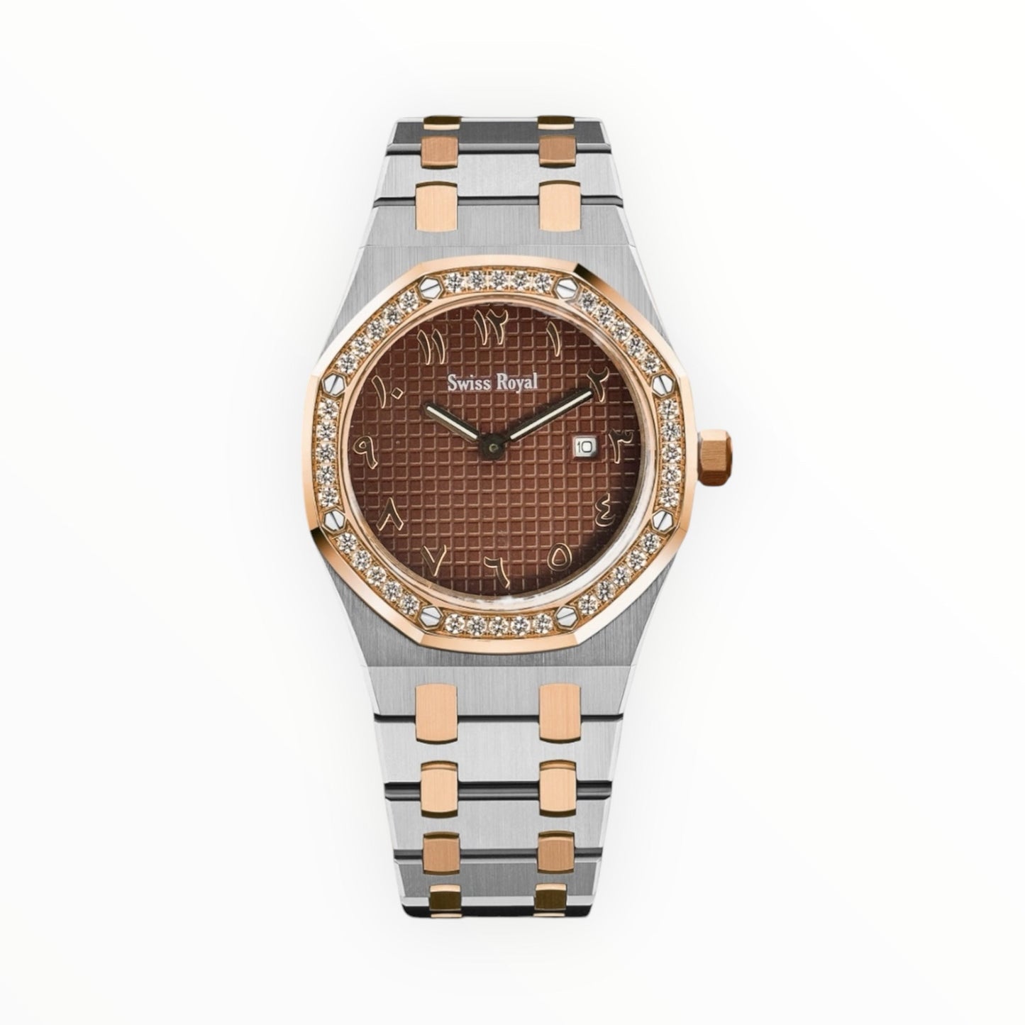 Signature - Silver Rose Gold Case with Brown Arabic Dial (Crystal Bezel) LEAIYAO Store