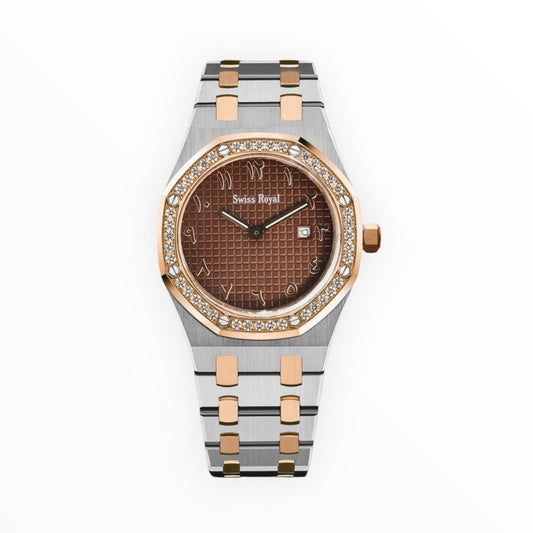 Signature - Silver Rose Gold Case with Brown Arabic Dial (Crystal Bezel) LEAIYAO Store