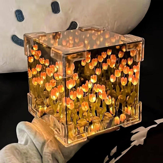 Tulip Cube Mirror Lamp - 21 LED Flowers, 2-in-1 Decorative Lamp & Mirror, DIY Infinity Light for Bedroom & Living Room Decor, Romantic Table Ornament Gift Festival King Store Store
