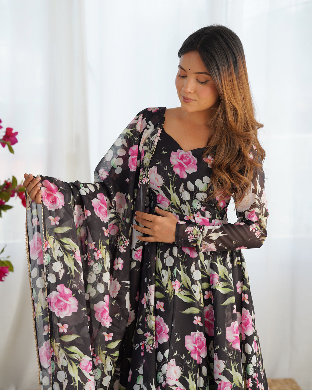 Black Floral Printed Organza Silk Anarkali Suit South Bay Evans General Store