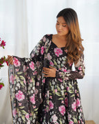 Black Floral Printed Organza Silk Anarkali Suit South Bay Evans General Store