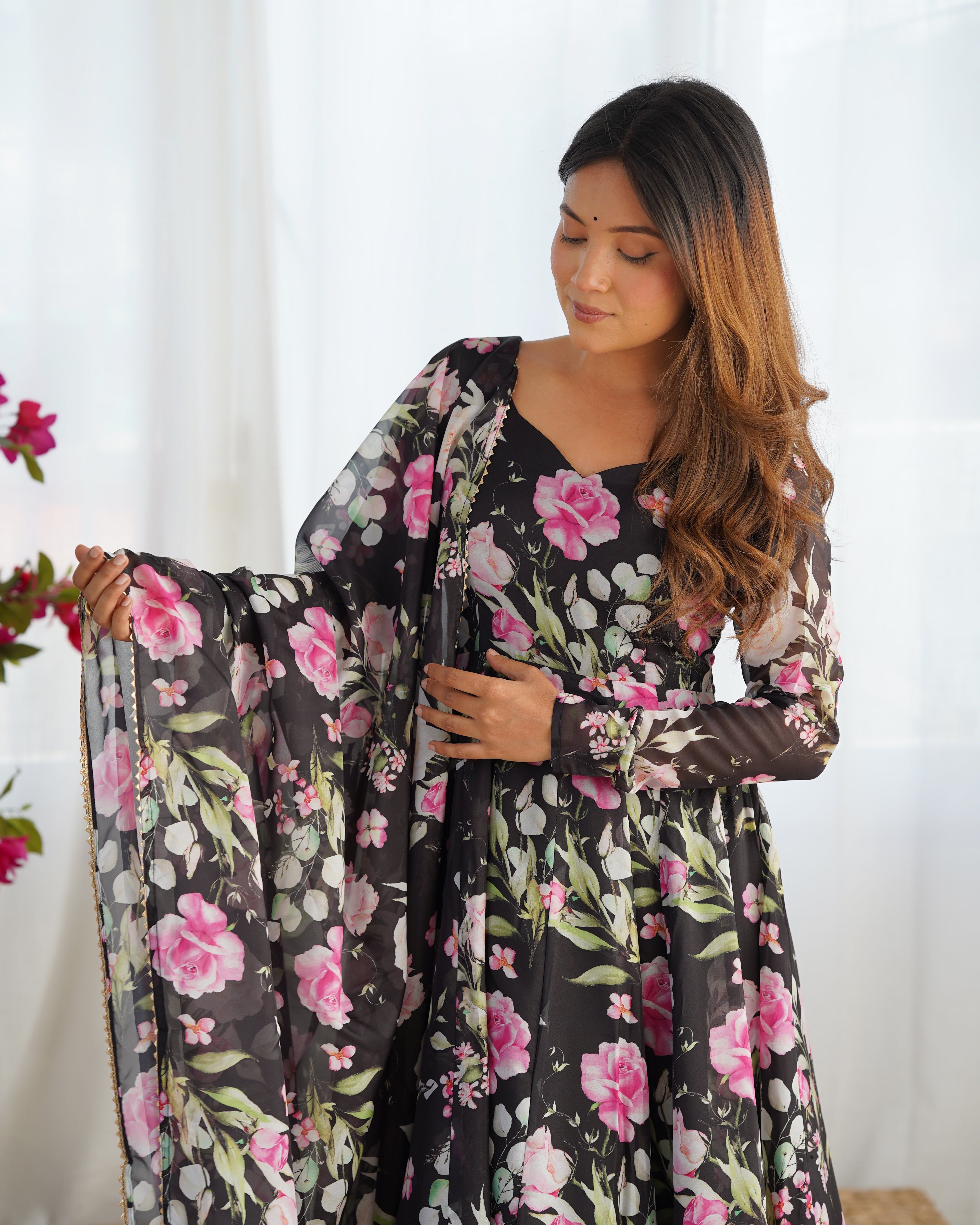 Black Floral Printed Organza Silk Anarkali Suit South Bay Evans General Store