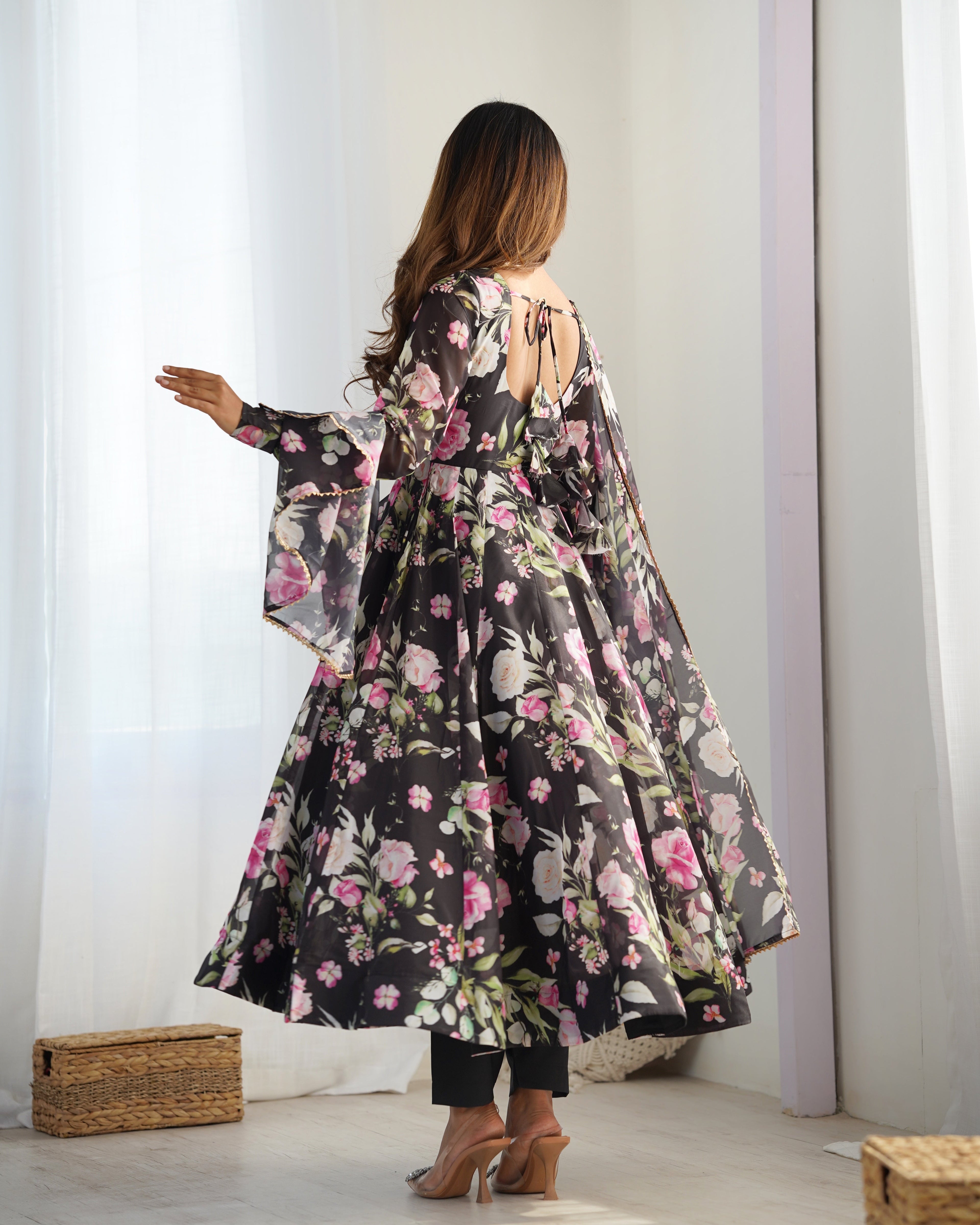 Black Floral Printed Organza Silk Anarkali Suit South Bay Evans General Store