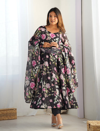 Black Floral Printed Organza Silk Anarkali Suit South Bay Evans General Store