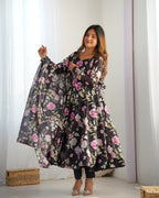 Black Floral Printed Organza Silk Anarkali Suit South Bay Evans General Store