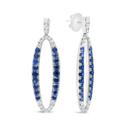 View details for 18K White Gold 1.11 Cttw Blue Round Diamond and Blue Sapphire Openwork Oval Shaped Dangle Earrings (F-G Color, VS1-VS2 Clarity)