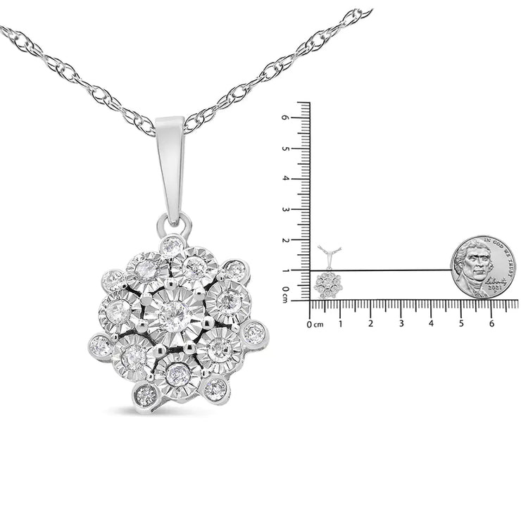 .925 Sterling Silver 1/4 Cttw Miracle Set Diamond Floral Cluster 18" Pendant Necklace for Women (I-J Color, I1-I2 Clarity)