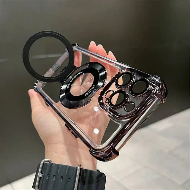 Luxury Plating Shockproof Magnetic Bracket For Magsafe Clear Case For iPhone 15 16 14 13 12 11 Pro Max With Holder Stand Cover SZDBR Store