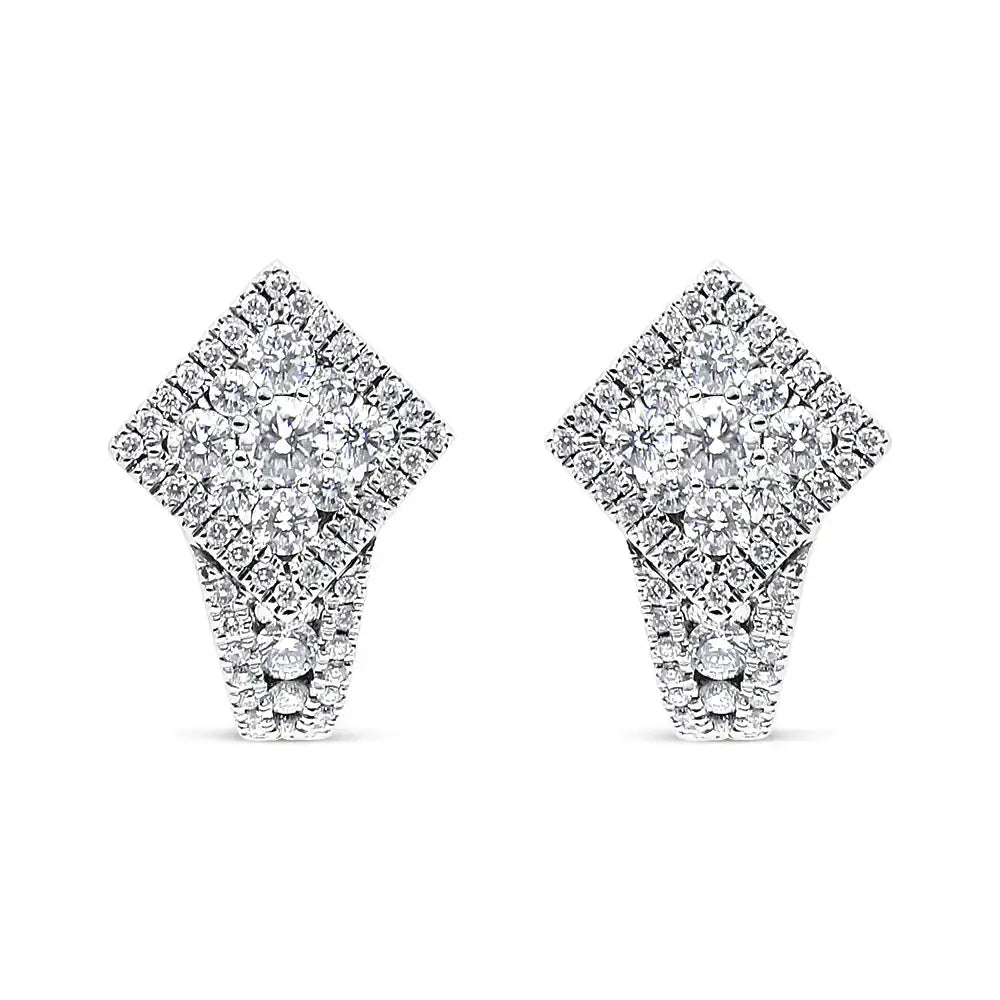 View details for 18K White Gold 1 1/10 Cttw Round Diamond Cluster with Halo Hoop Huggie Earring (F-G Color, VS1-VS2 Clarity) 