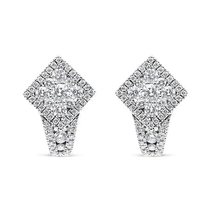 View details for 18K White Gold 1 1/10 Cttw Round Diamond Cluster with Halo Hoop Huggie Earring (F-G Color, VS1-VS2 Clarity) 