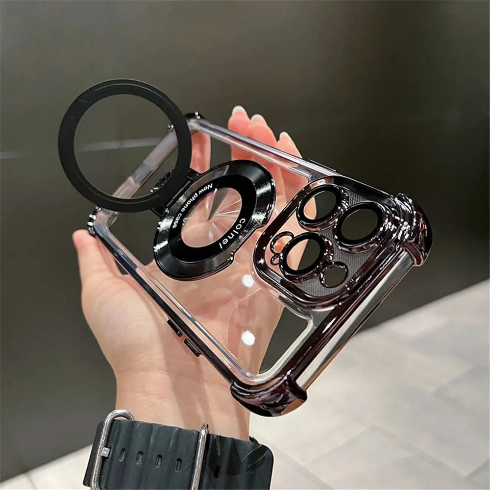 Luxury Plating Shockproof Magnetic Bracket For Magsafe Clear Case For iPhone 15 16 14 13 12 11 Pro Max With Holder Stand Cover SZDBR Store