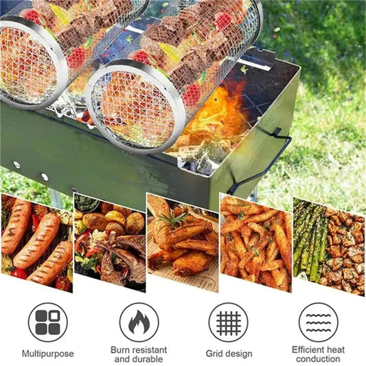 1PC BBQ Cage Rolling Stainless Steel Outdoor Grilling Basket Grill AliExpress