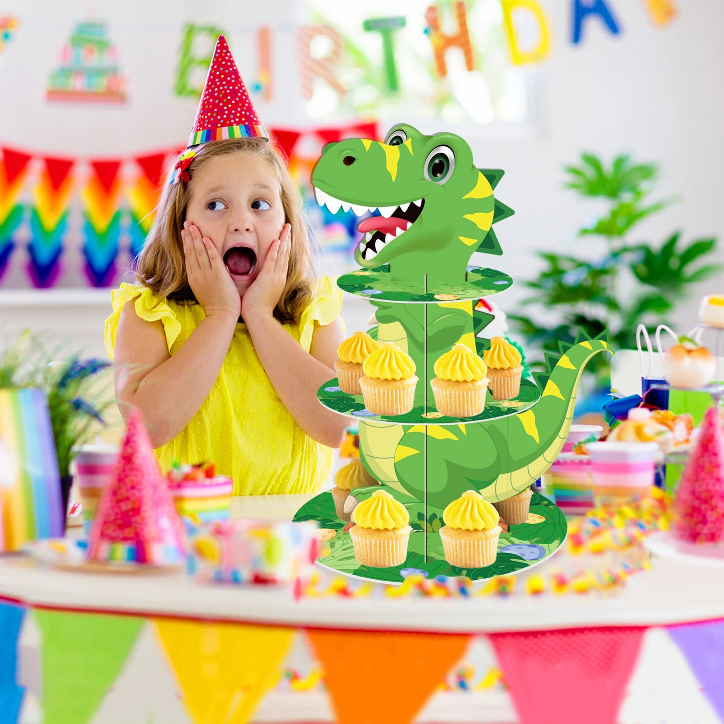 Kids Cartoon Dinosaur Birthday Party Cake Display Stand and Cake Toppers Baby Shower Party Cupcake Rack Holder Cake Supplies