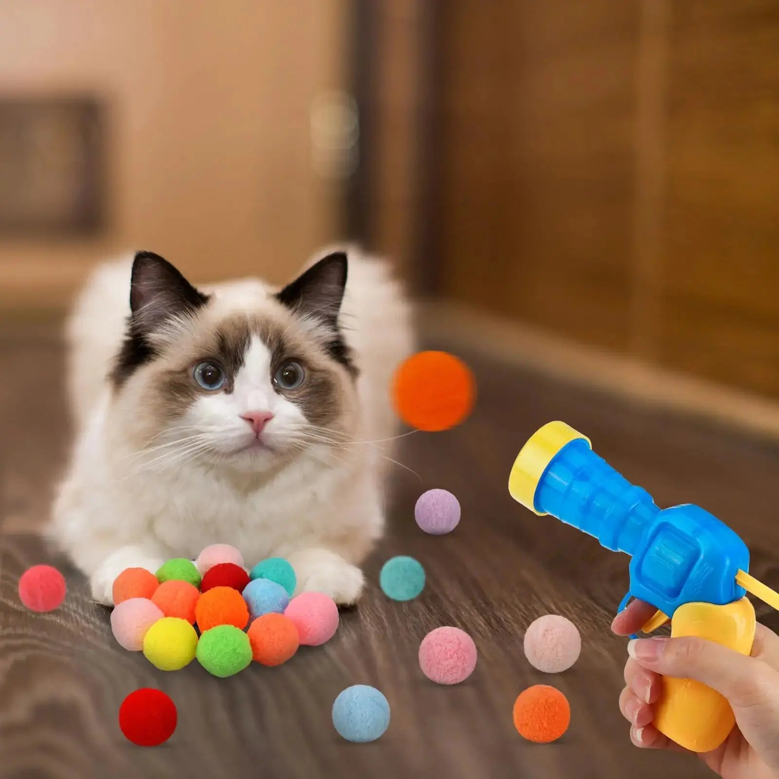 Cat Toy Balls,1 Cat Ball Launcher and 100Pcs 1.2inch Cat Pom Pom Balls