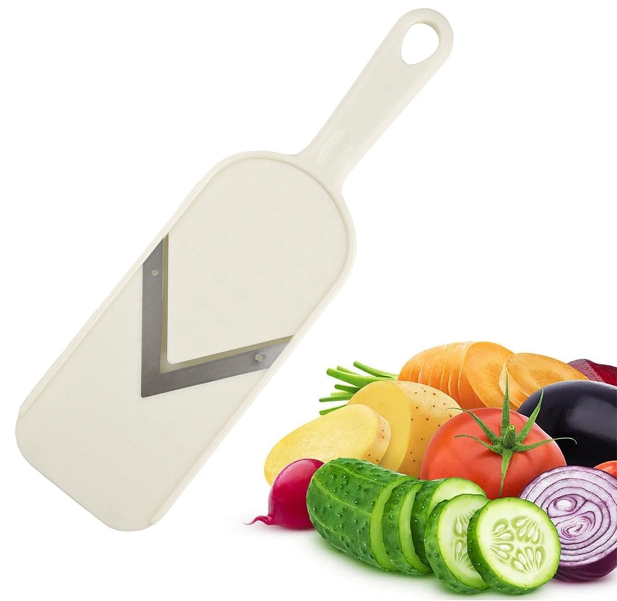 Rebanador de mandolina multiuso - Cuchilla en V de acero inoxidable, con cepillo de limpieza, agarre cómodo, fácil de limpiar, para cocina, vegetales