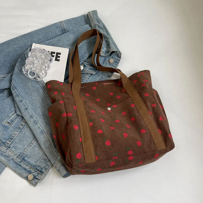 Bolso de mano Xajzpa Fresh Sweet Girl, a la moda, de pana de alta gama con estampado, bolso de hombro informal para compras, para ir al trabajo, bolso de mujer debajo del brazo