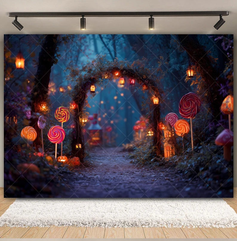 Halloween Lollipop Photography Backdrop Fantasy Forest Arch Pumpkin Lantern Festival Party Baby Portrait Photo Background Decor