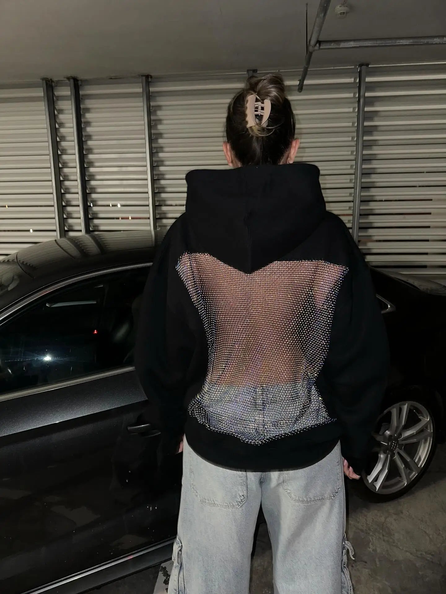 Backstage Crystal-Mesh Hoodie: Sparkling Breathable Comfort ✨