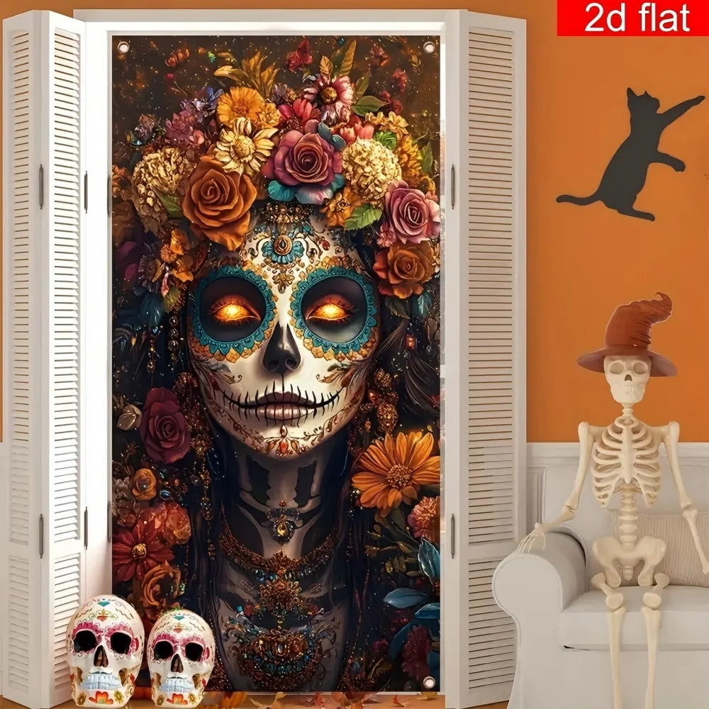 1PC Large Sugar Skull Front Door Decorative Curtain Day of the Dead Polyester Material Bright Durable for Home Decor