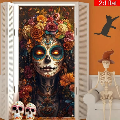 1PC Large Sugar Skull Front Door Decorative Curtain Day of the Dead Polyester Material Bright Durable for Home Decor