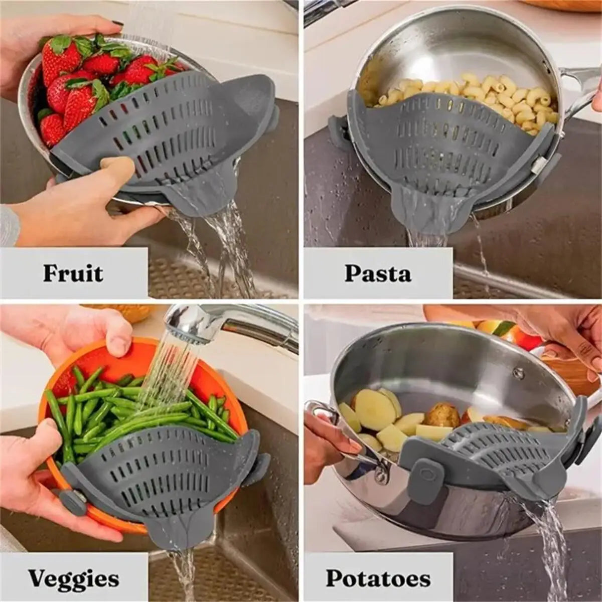 ClipFlow™ Adjustable Pot Strainer – Universal Cookware Drainer