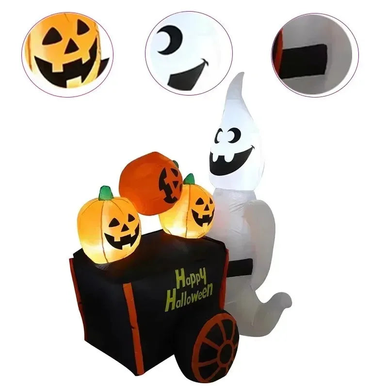 6FT Halloween Outdoor Holiday Decorations Inflatable Toys Ghost Push Pumpkin Cart with LED Lights Outdoor Party Inflatable Model