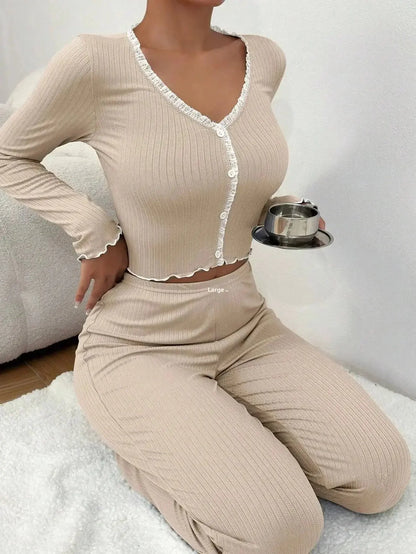 2025 Autumn Winter Homewear Pajamas Set for Women Long Sleeves Shirt Trousers 2 Pieces Sexy Lace Pijamas Sleepwear Loungewear South Bay Evans General Store