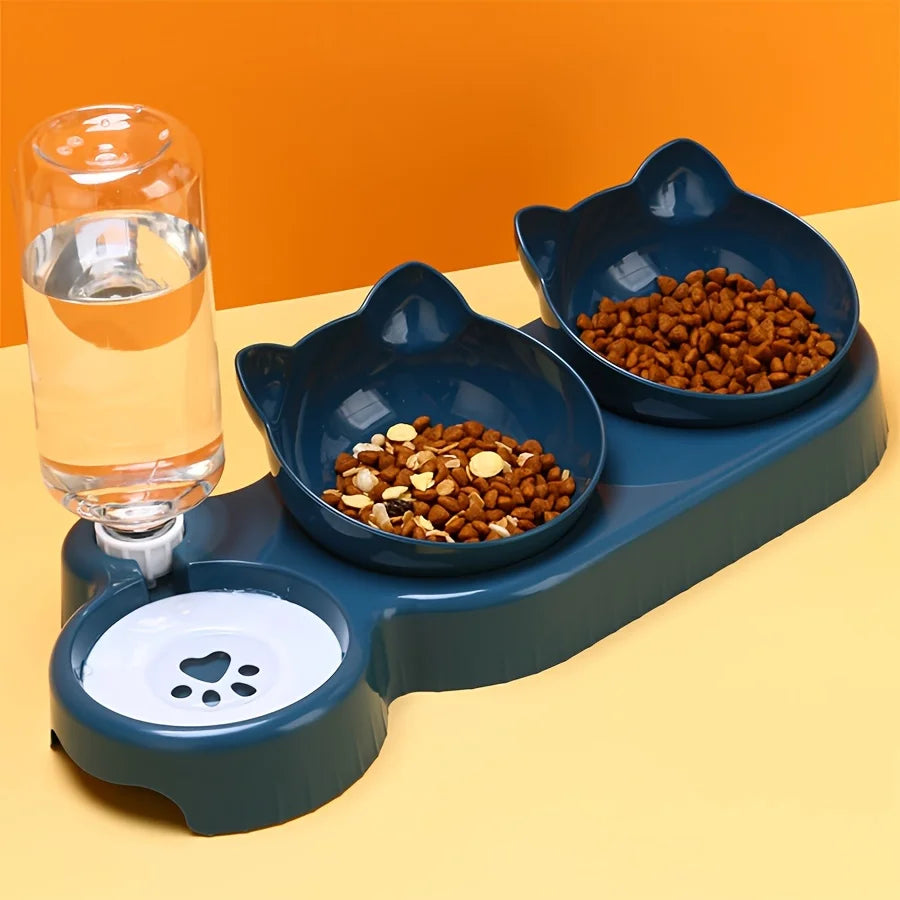 Pet Bowls With Water Feeder, 3 In 1 Ear Design Tilted Cat Water And Food Bowl Set With Gravity Water Bottle For Neck Protection Archie Pets Store