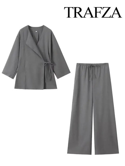 TRAFZA Women's Summer Fashion Linen Solid Color Shirt Set Belted