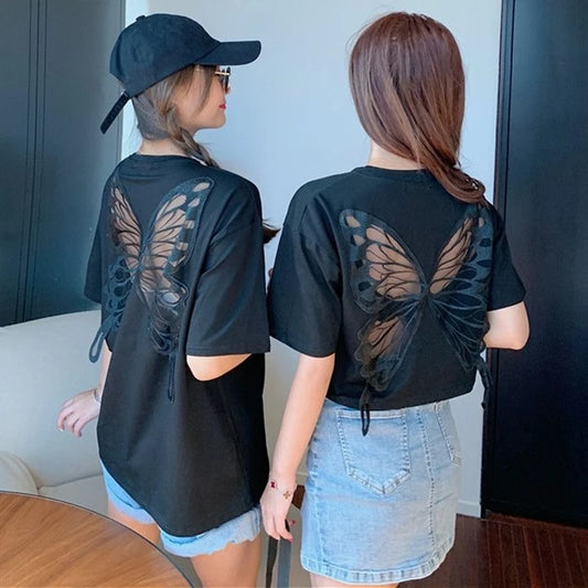 2025 Summer Perspective Lace Butterfly Hollow Out Tshirts Street Fashion Backless T Shirt Women Loose Sexy Club Tee Shirts Top