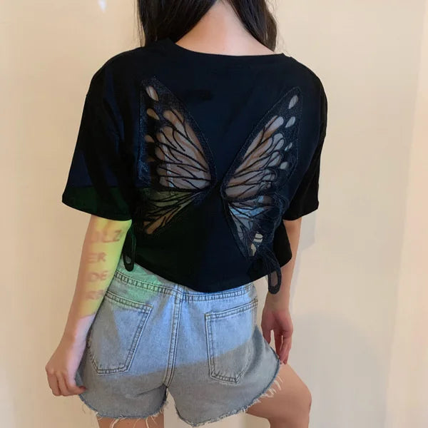 2025 Summer Perspective Lace Butterfly Hollow Out Tshirts Street Fashion Backless T Shirt Women Loose Sexy Club Tee Shirts Top
