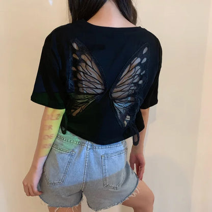 2025 Summer Perspective Lace Butterfly Hollow Out Tshirts Street Fashion Backless T Shirt Women Loose Sexy Club Tee Shirts Top