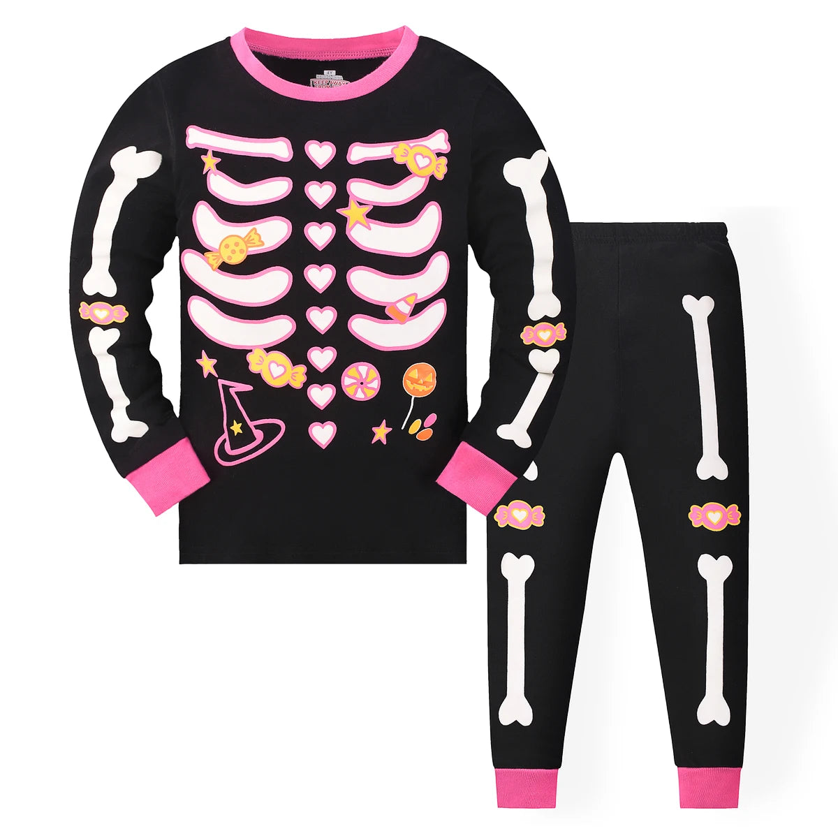 Halloween Luminous long-sleeved and long-pants pajama set for girls, suitable for girls aged 2 to 9
