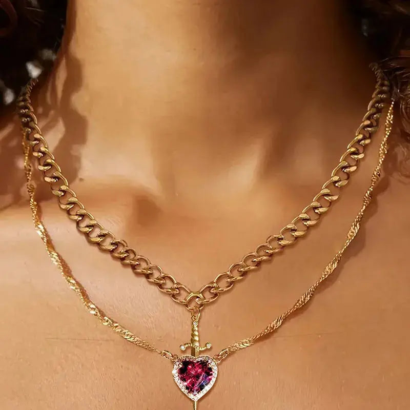 New Heart and Sword Necklace Set Gold Color Stainless Steel Crystal