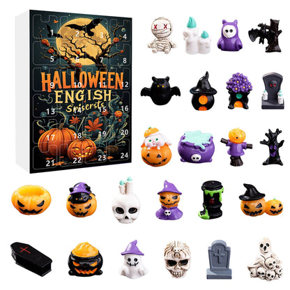 24Pcs Ghost Pumpkin Figurines Halloween Advent Calendar Box Resin Spooky Black Car Bat Ornaments Countdown Calendar Surprise Box