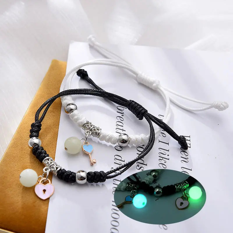 Luminous Beads Star Couple Bracelets For Women Men Charm Cat Flower Heart Key Lock Cross Matching Bracelets dropshipping-A Store