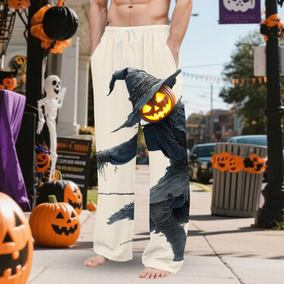 Men'S Halloween Glowing Pumpkin Bogy Printed Pocket Home Clothes Pajama Pants Bottoms Big Slipper