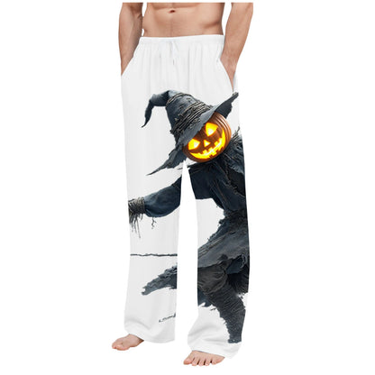Men'S Halloween Glowing Pumpkin Bogy Printed Pocket Home Clothes Pajama Pants Bottoms Big Slipper