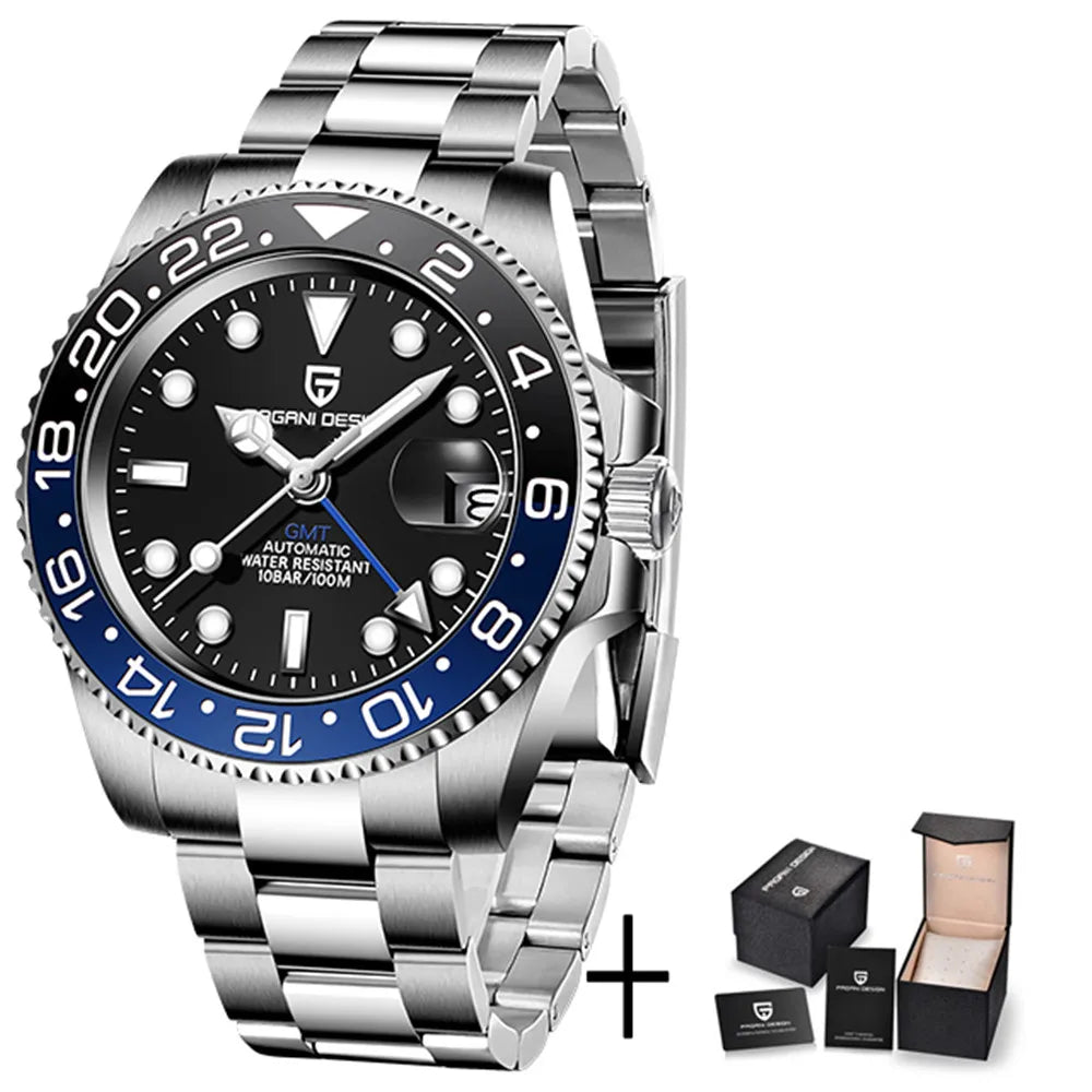ELEGANCE® P1662 Men Watch Automatic Mechanical GMT Wristwatch Sapphire Glass Stainless Steel 100M Waterproof PAGANI DESIGN Men Watch Store
