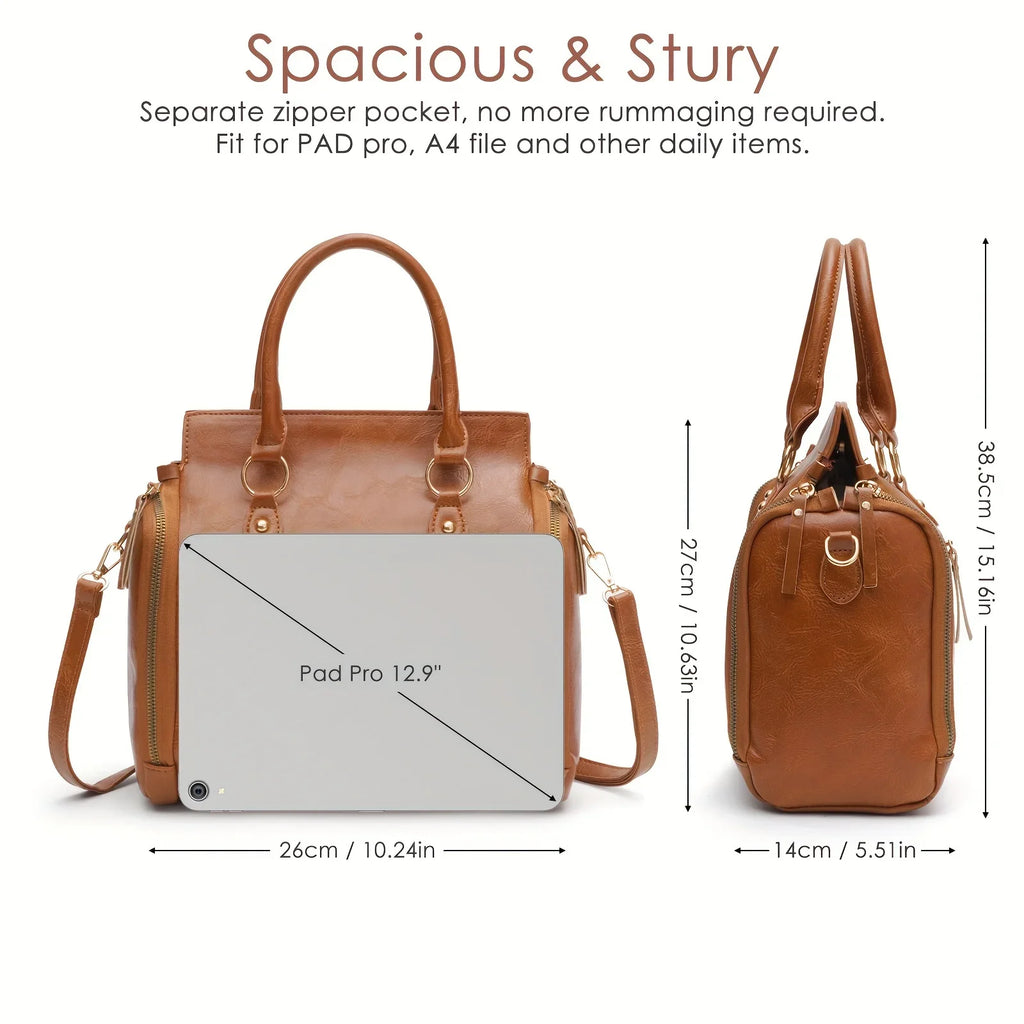 Bolso de mujer de diseñador vintage de gran capacidad, bolso de mano de cuero rígido, bolso tote retro marrón con ranura para tarjetas