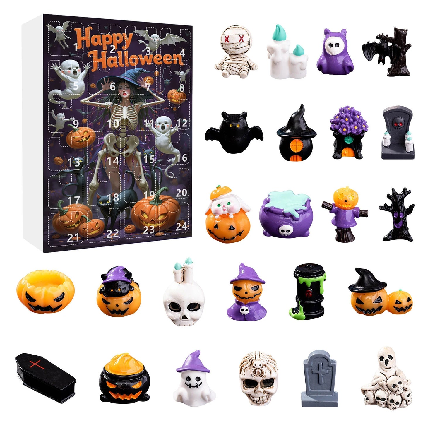 24Pcs Ghost Pumpkin Figurines Halloween Advent Calendar Box Resin Spooky Black Car Bat Ornaments Countdown Calendar Surprise Box