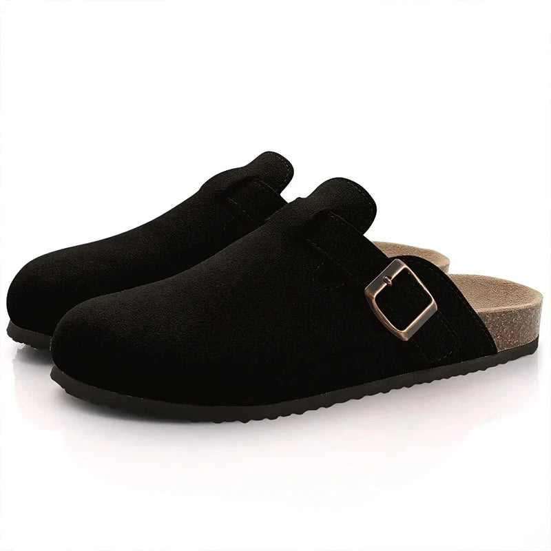 Pantuflas Zuecos de Gamuza y Piel para Mujer Shevalues, Plantilla Clásica de Corcho, Mules Peludas, Pantuflas de Invierno de Felpa, Pantuflas Planas de Corcho Cálidas para Exteriores
