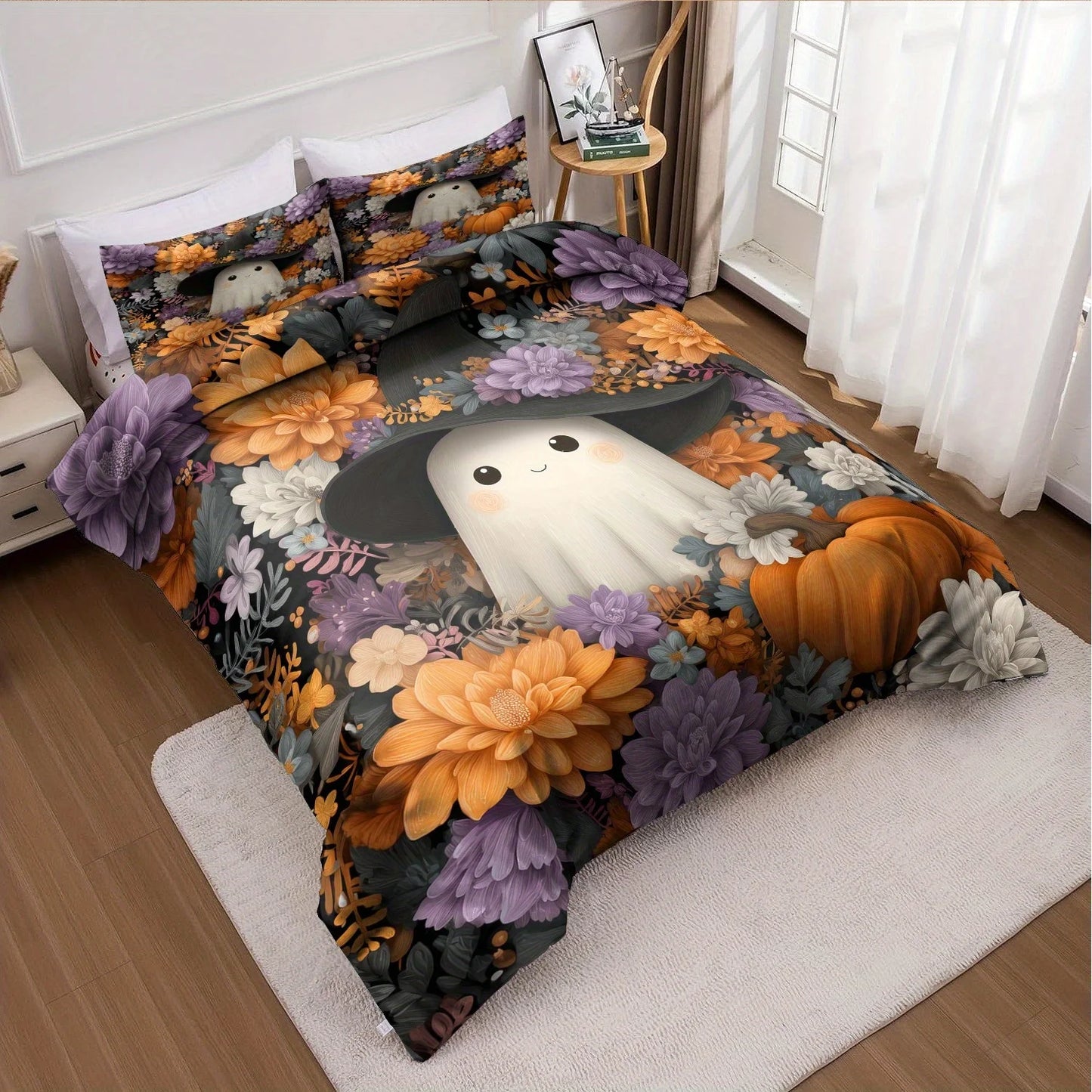 3pcs Halloween Pumpkin Monster Duvet Cover Set without Core 1Quilt Cover 2 Pillowcases Soft Floral Duvet Cover Set for Bedroom