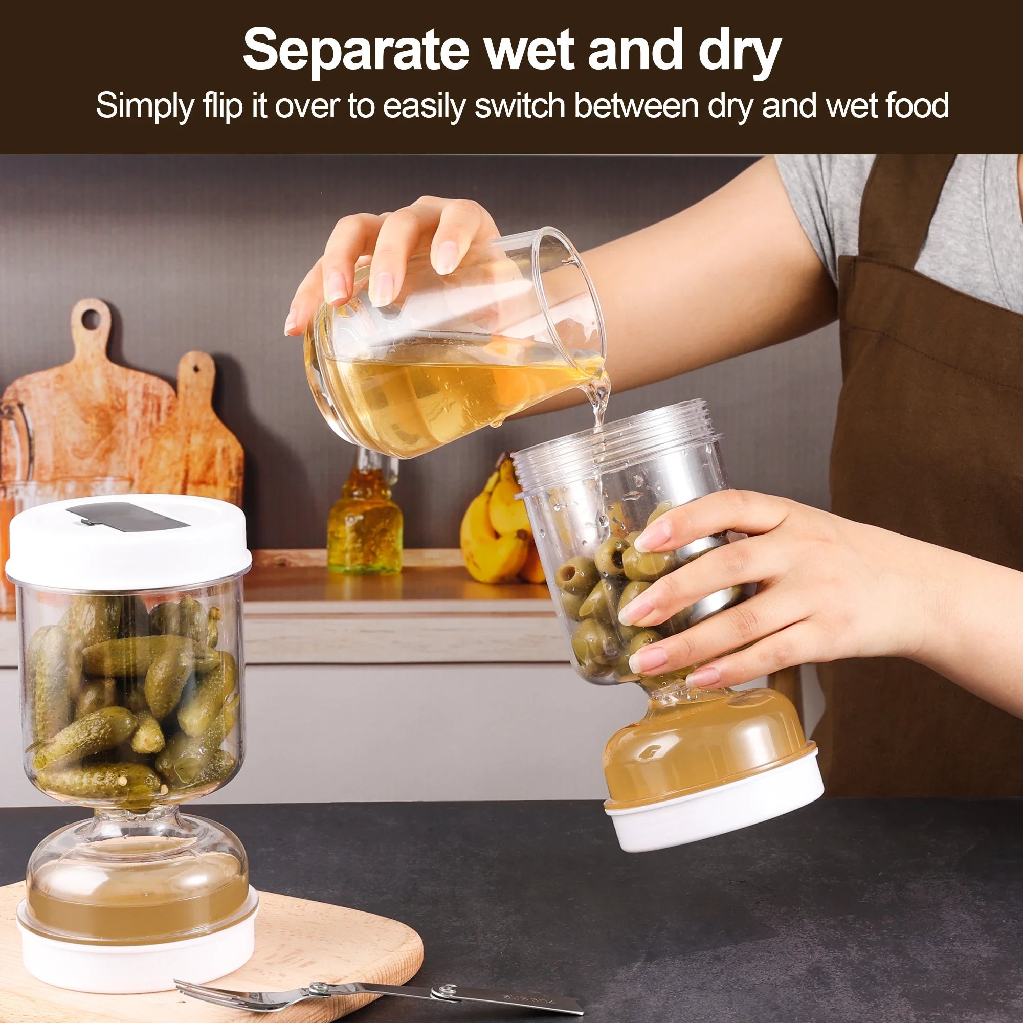 Tarro de encurtidos con tenedores, dispensador de pepinillos y aceitunas, tarro de reloj de arena, recipiente para pepinos, herramienta separadora de zumo para cocina