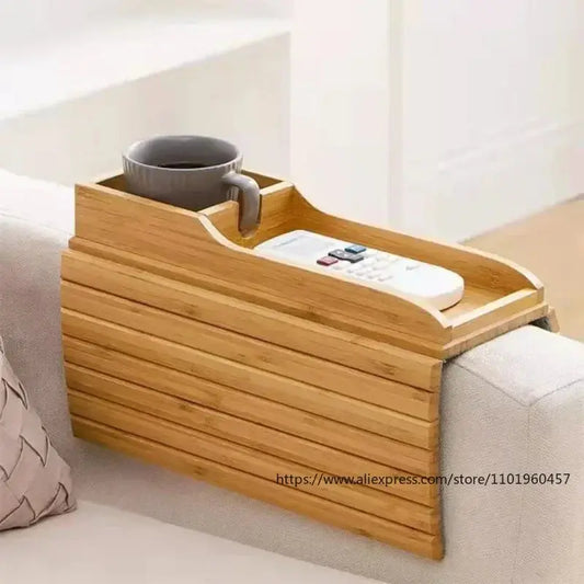 Couch Cup Holder Natural Anti-Slip Bamboo Sofa Armrest Tray Foldable