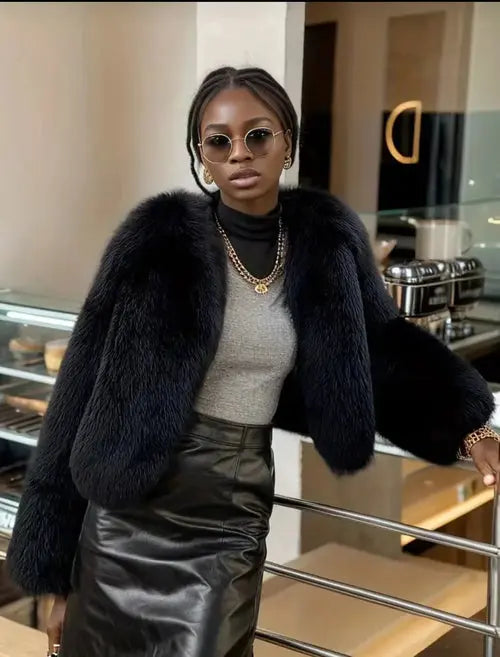 Imitation fur black style jacket coat coat imitation fox fur warm AliExpress