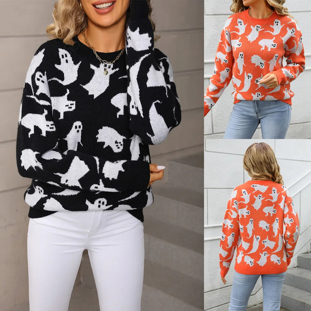 Women Pullover Halloween Sweaters Ghost Print Jumpers Long Sleeves O Neck Loose Slight Strech Casual Office Lady 2025 Autumn